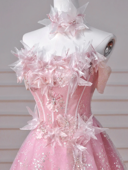 Robe de bal féérique bustier en tulle rose ornée de fleurs, longue, élégante et perlée, idéale pour un bal de promo ou une soirée. Tenue de soirée/dîner. Robe de fête AQ085
