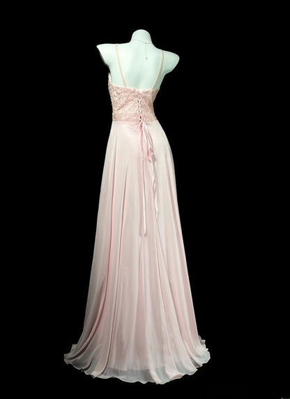 Vintage 80s Prom Dresses A line Scoop Pink Chiffon With Beading Lace Long Evening Dress Formal Outfits RB5892