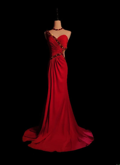 Robe de bal longue sirène classique à une épaule en mousseline rouge sans manches ornée de perles, tenue de soirée pour la remise des diplômes de fin d'études secondaires AS085
