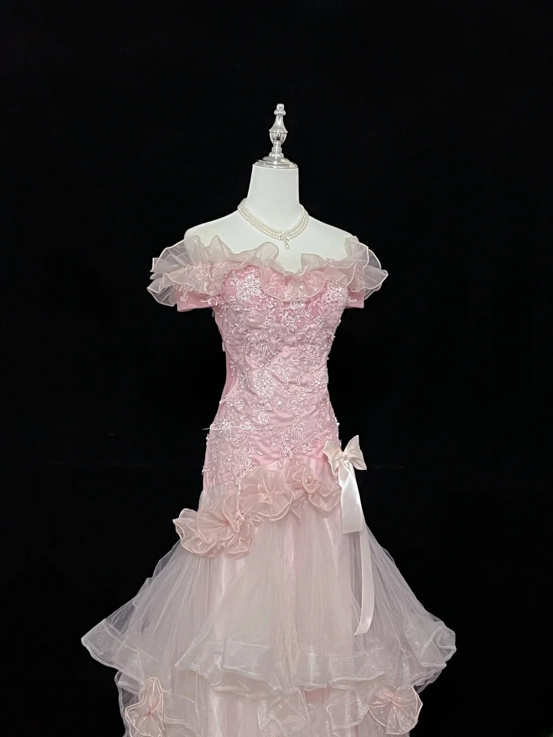 Vintage Mermaid Off The Shoulder Pink Tulle With Tiered Layers Prom Dress Formal Dress Party Dresses RB7456