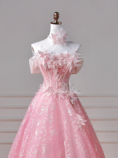 Robe de bal féérique bustier en tulle rose ornée de fleurs, longue, élégante et perlée, idéale pour un bal de promo ou une soirée. Tenue de soirée/dîner. Robe de fête AQ085