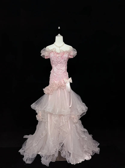 Vintage Mermaid Off The Shoulder Pink Tulle With Tiered Layers Prom Dress Formal Dress Party Dresses RB7456