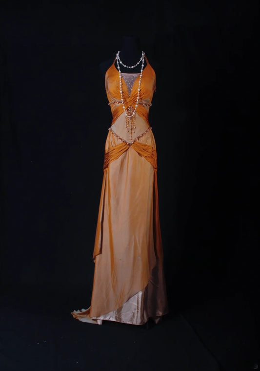 Vintage 1950s Formal A Line Halter Orange Pleated Chiffon With Beads Sleeveless Long Prom Dresses Party Formal Gowns AS085