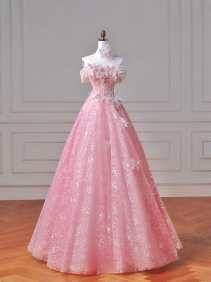 Robe de bal féérique bustier en tulle rose ornée de fleurs, longue, élégante et perlée, idéale pour un bal de promo ou une soirée. Tenue de soirée/dîner. Robe de fête AQ085