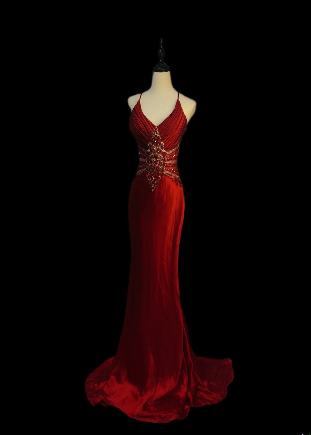 Vintage Meerjungfrauen-Kleid mit Spaghettiträgern, burgunderrot mit Perlenstickerei, ärmellos, langes Ballkleid für den Schulabschlussball, AS086