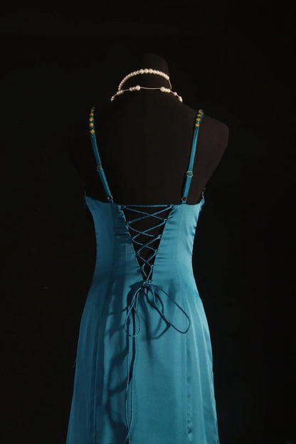 Vintage 1950s Formal Mermaid Spaghetti Strap Teal Blue Pleated Satin With Beads Sleeveless Long Prom Dresses Party Formal Gowns AS086