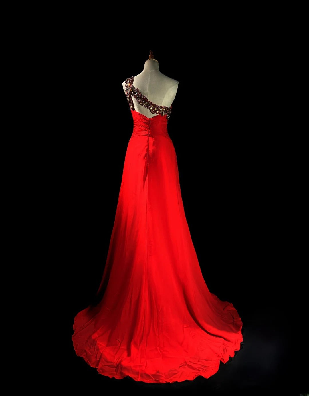 Vintage 80s Prom Dresses A line One Shoulder Red Chiffon With Beading Long Evening Dress Formal Outfits RB5893