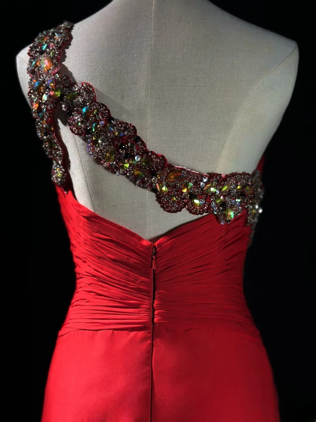 Vintage 80s Prom Dresses A line One Shoulder Red Chiffon With Beading Long Evening Dress Formal Outfits RB5893