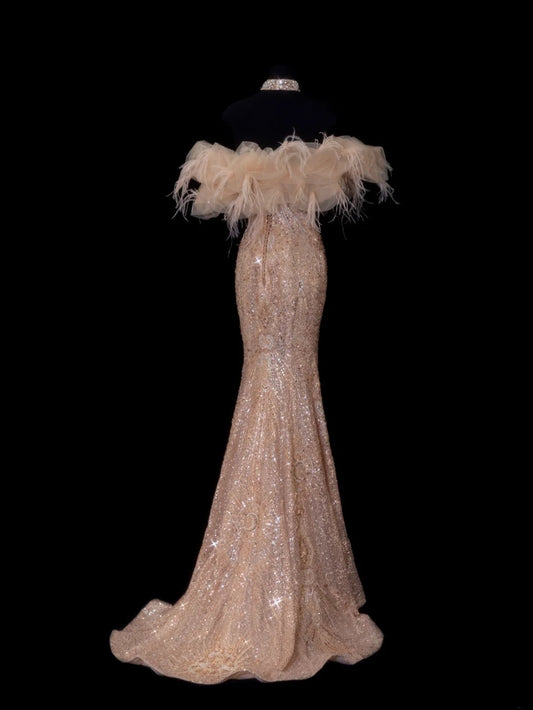 Modest Prom Dresses Aesthetic Mermaid Sweetheart Inspiration Gold Beads Sequin Style Impress With Slit Cape Long Party Formal Gown SA086