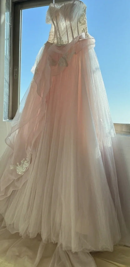 Princess Ball Gown Strapless Light Pink Sleeveless With Appliqued Long Quinceanera Dress vestido de 15 de cenicienta RB3479