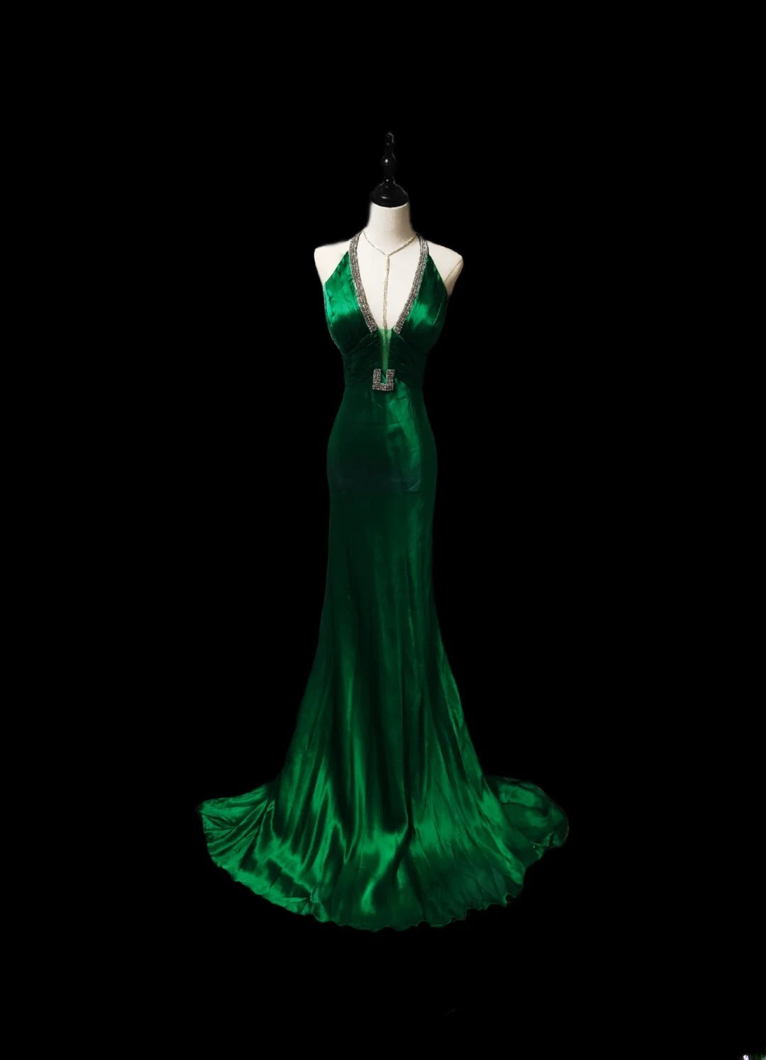 Vintage Meerjungfrauen-Halterkleid aus grünem Satin mit Perlenstickerei, ärmellos, langes Ballkleid für Schulabgängerinnen, Abendgarderobe AS087