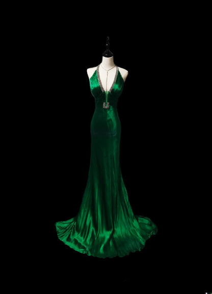Vintage Meerjungfrauen-Halterkleid aus grünem Satin mit Perlenstickerei, ärmellos, langes Ballkleid für Schulabgängerinnen, Abendgarderobe AS087