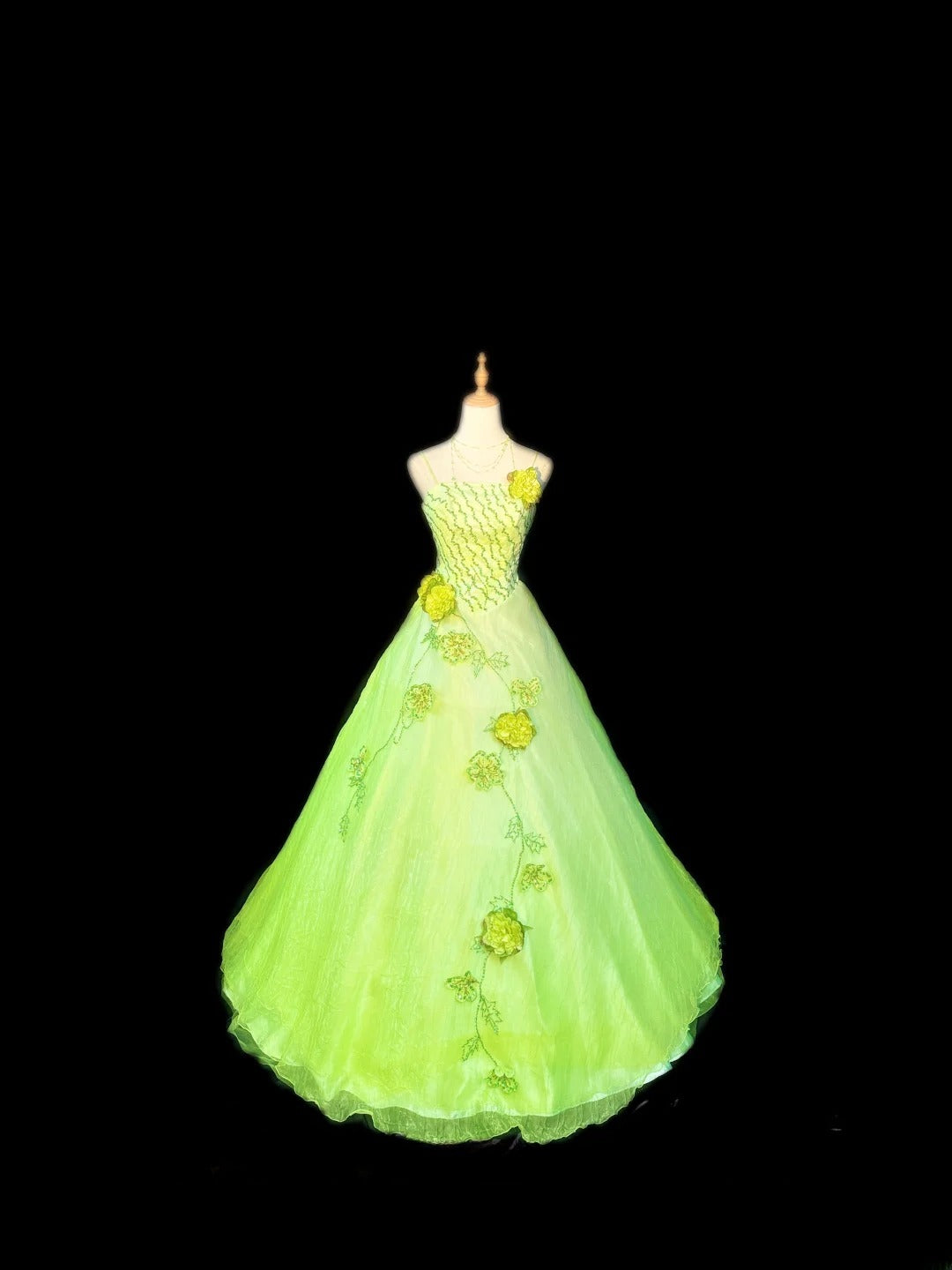 Princess Ball Gown Spaghetti Strap Green Tulle Sleeveless With Appliqued Long Quinceanera Dress vestido de 15 de cenicienta RB3480