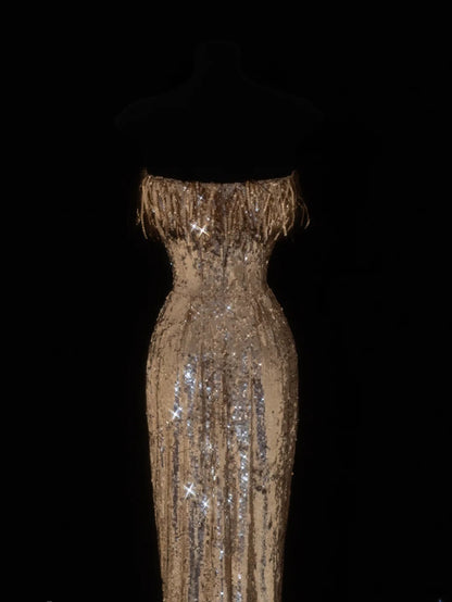 Classy Sheath 1950s Formal Strapless Gold Sequins Style Impress Long Prom Dresses Party Gowns SA087