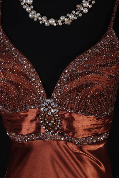 Vintage Mermaid Spaghetti Strap Burnt Orange Satin Party Dress With Beads 1950s Retro Classy Birthday Dinner Long Prom Dresses AS088