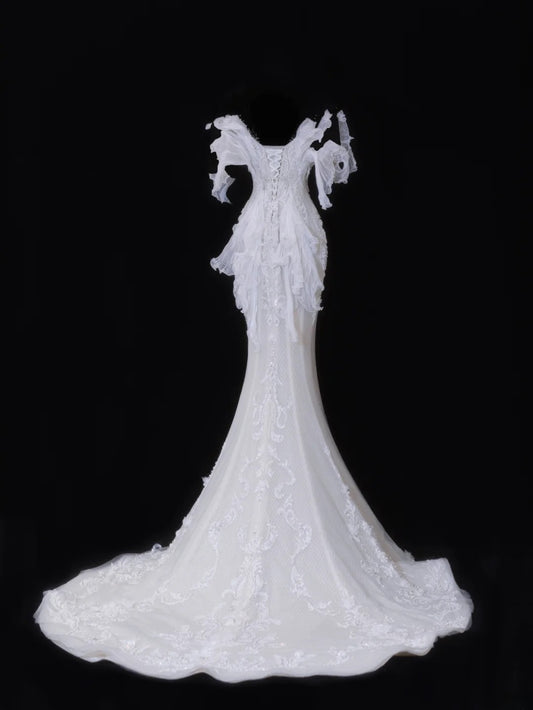Elegant Women's Mermaid Sweetheart With Pleated Appliques White Long Wedding Gowns Dresses SA088