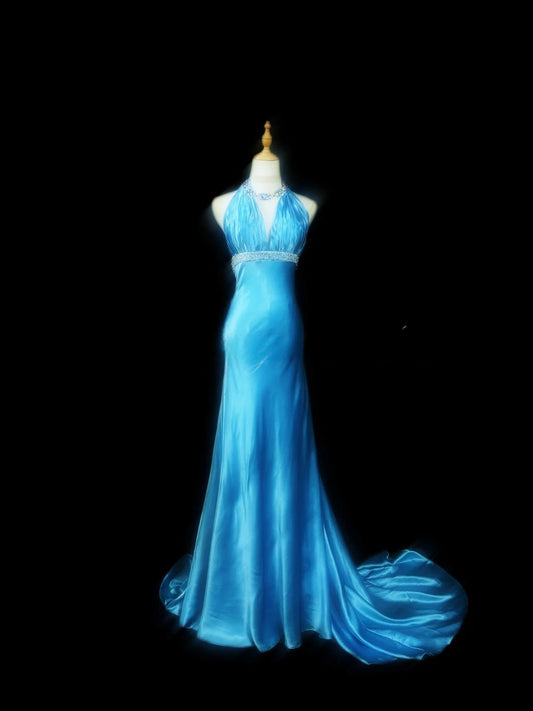 Vintage Prom Dresses Mermaid Halter Blue Sleeveless With Beading Long Evening Formal Outfits RB3482