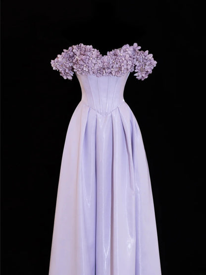 Modest Prom Dresses Aesthetic A Line Off The Shoulder Lilac Inspiration Flowers Style Impress With Sleeves Long Party Formal Gown SA089