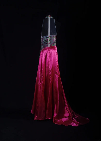 Robe de soirée sirène vintage en satin rose fuchsia à col montant et perles, style rétro années 50, robe longue élégante pour anniversaire, dîner ou bal de promo AS089
