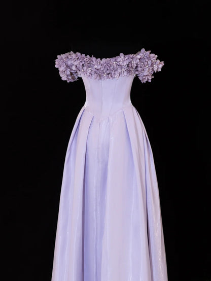 Modest Prom Dresses Aesthetic A Line Off The Shoulder Lilac Inspiration Flowers Style Impress With Sleeves Long Party Formal Gown SA089