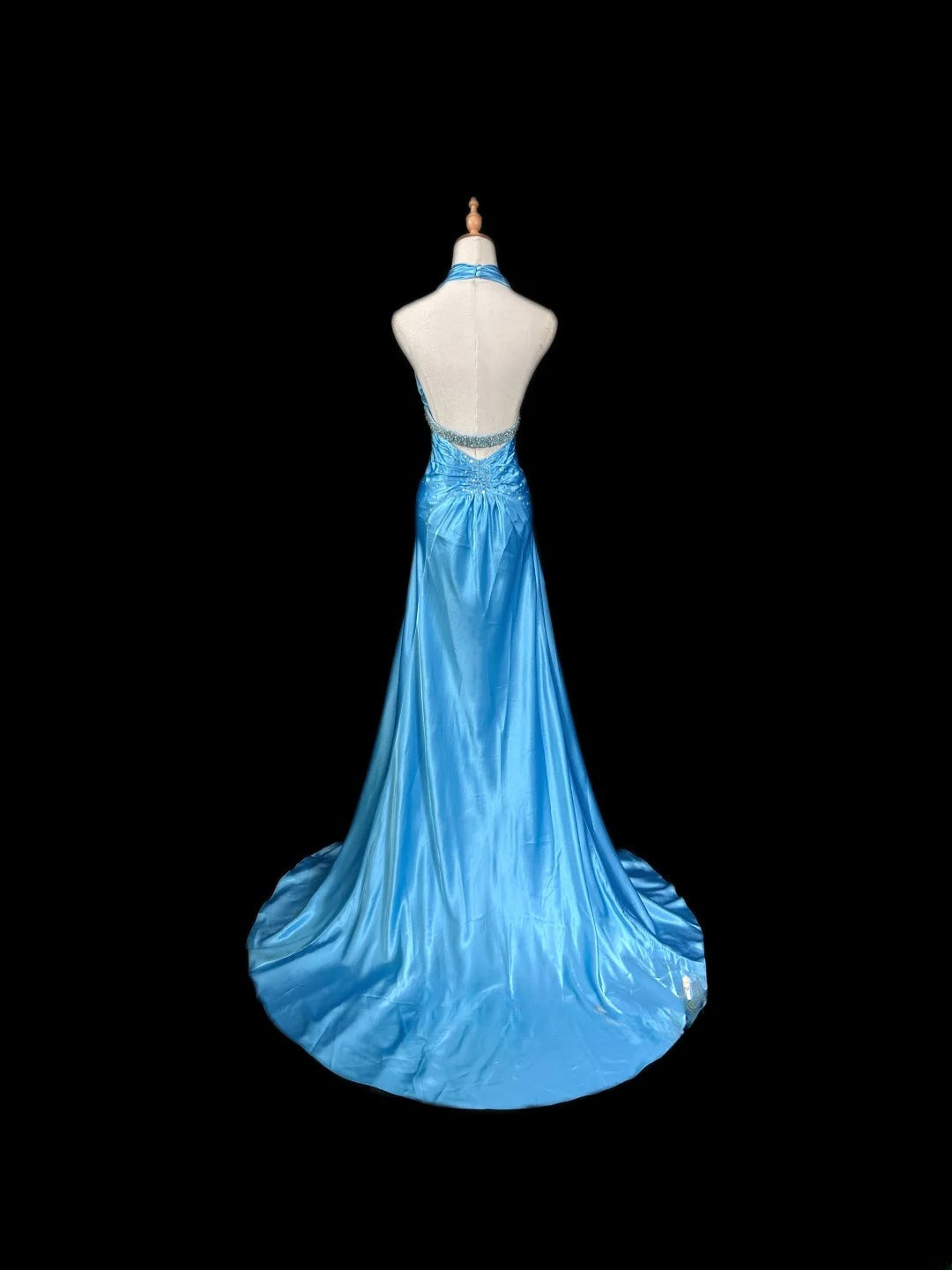 Vintage Prom Dresses Mermaid Halter Blue Sleeveless With Beading Long Evening Formal Outfits RB3482