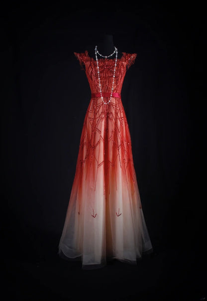 Vintage A line Ombre Red Tulle Square Neck Party Dress With Beads 1950s Retro Classy Birthday Dinner Long Prom Dresses AS090