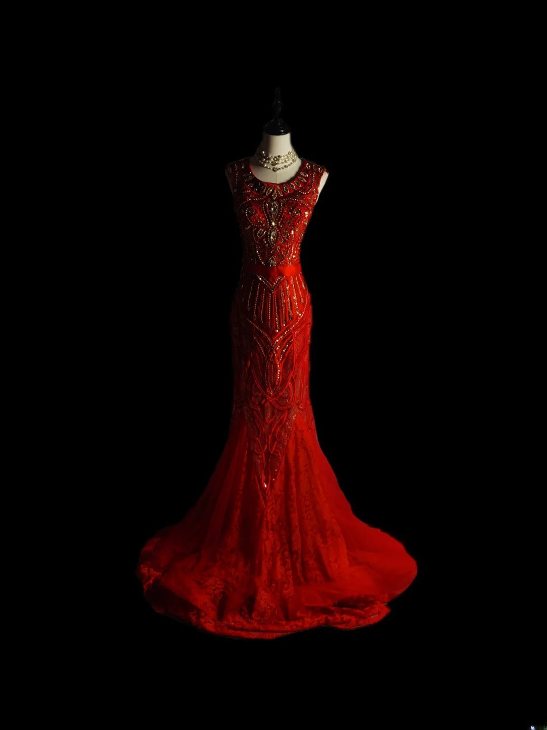 Robe de bal longue sans manches en tulle à col rond style sirène vintage, ornée de perles, pour fin d'études secondaires (AS090)