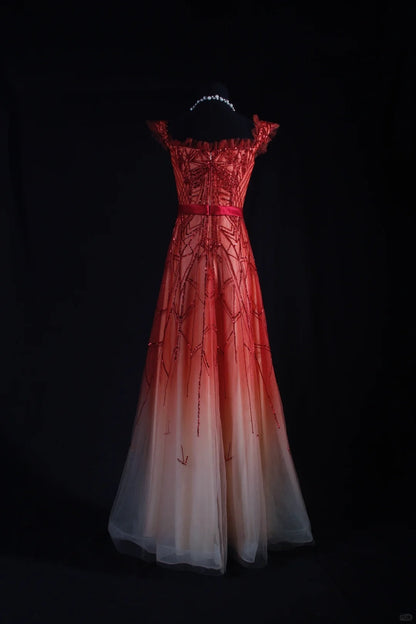 Vintage A line Ombre Red Tulle Square Neck Party Dress With Beads 1950s Retro Classy Birthday Dinner Long Prom Dresses AS090
