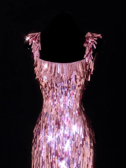 Robe de bal courte fourreau à encolure carrée, sequins roses, robe d'anniversaire pour les 16 ans, robe de soirée, robe de cocktail SA090