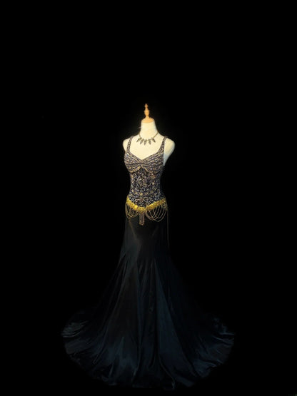 Vintage Prom Dresses Mermaid Spaghetti Strap Black Tie Dress Sleeveless With Beading Long Evening Formal Outfits RB3483
