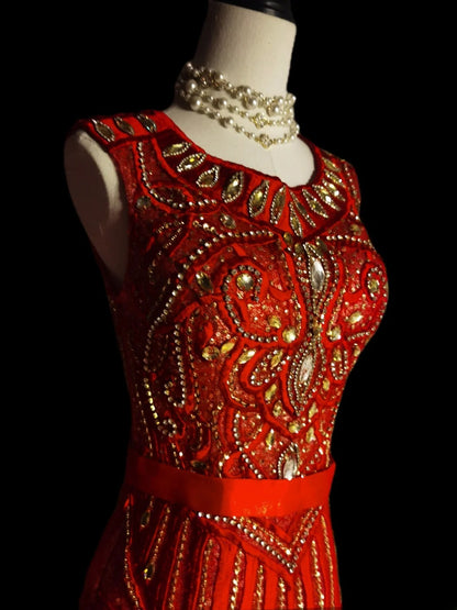 Robe de bal longue sans manches en tulle à col rond style sirène vintage, ornée de perles, pour fin d'études secondaires (AS090)