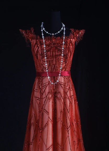 Vintage A line Ombre Red Tulle Square Neck Party Dress With Beads 1950s Retro Classy Birthday Dinner Long Prom Dresses AS090