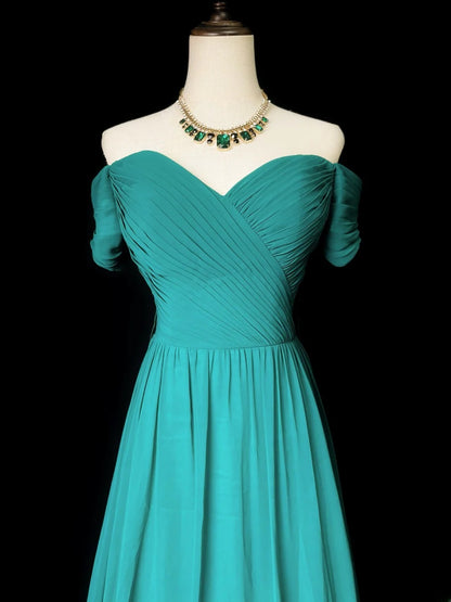 Vintage Prom Dresses A line Off The Shoulder Green Chiffon With Sleeves Long Evening Dress Formal Outfits RB5897