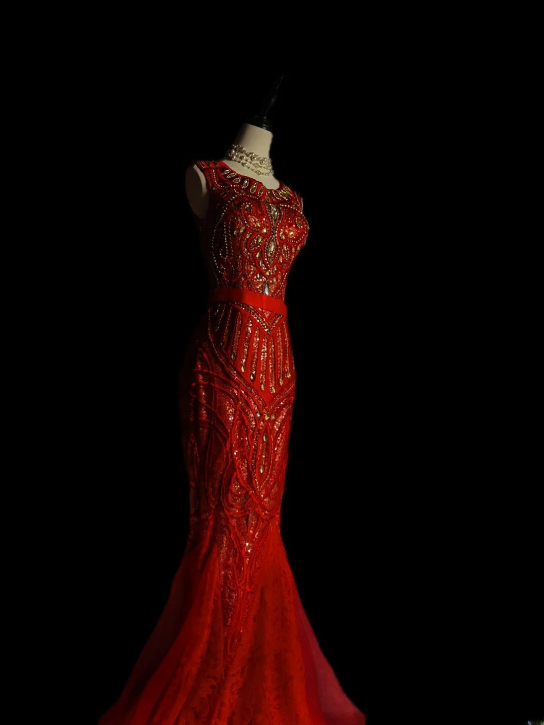 Robe de bal longue sans manches en tulle à col rond style sirène vintage, ornée de perles, pour fin d'études secondaires (AS090)