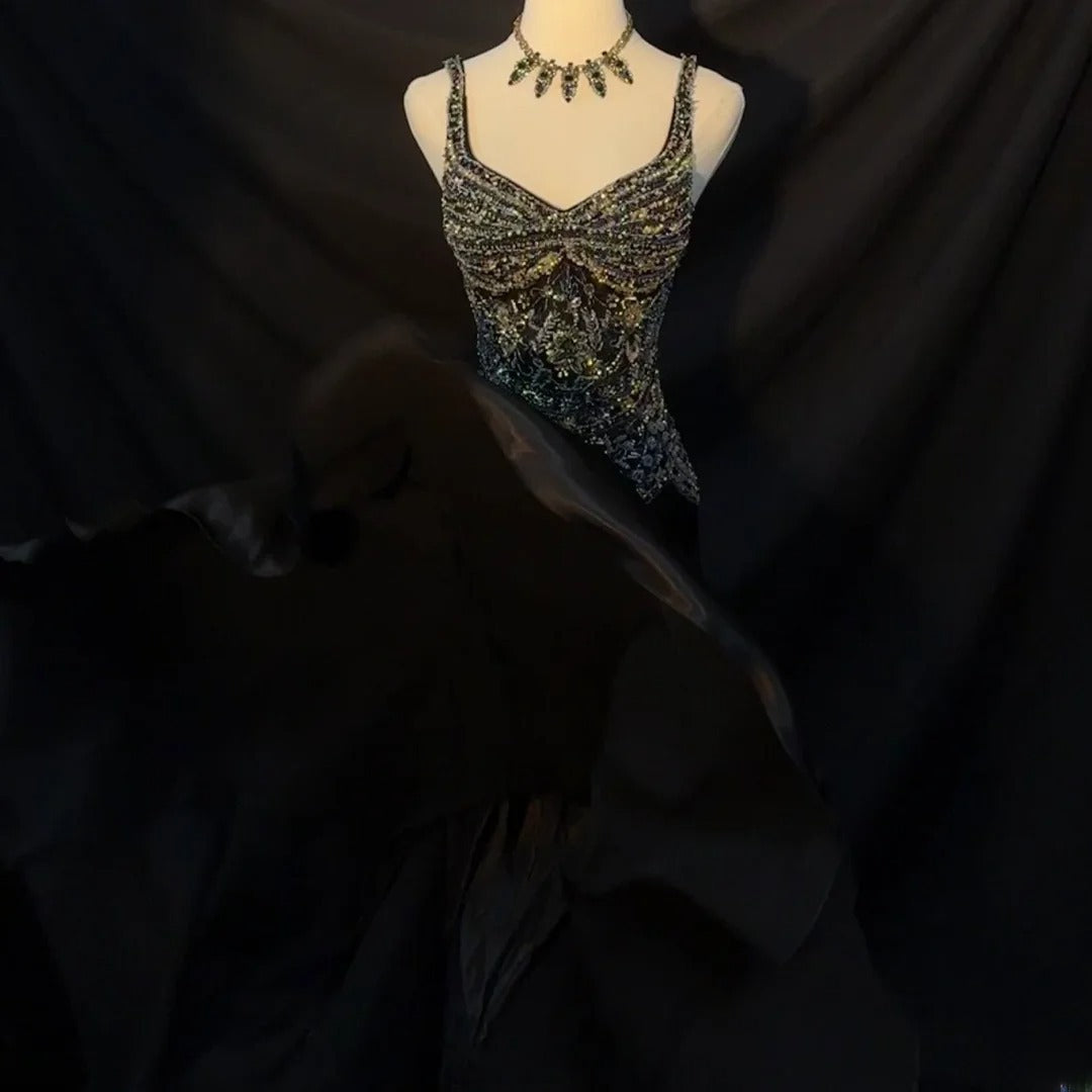 Vintage Prom Dresses Mermaid Spaghetti Strap Black Tie Dress Sleeveless With Beading Long Evening Formal Outfits RB3483