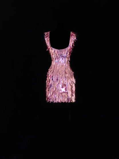 Robe de bal courte fourreau à encolure carrée, sequins roses, robe d'anniversaire pour les 16 ans, robe de soirée, robe de cocktail SA090
