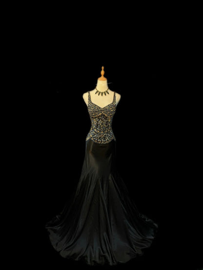 Vintage Prom Dresses Mermaid Spaghetti Strap Black Tie Dress Sleeveless With Beading Long Evening Formal Outfits RB3483