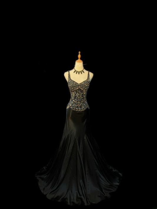 Vintage Prom Dresses Mermaid Spaghetti Strap Black Tie Dress Sleeveless With Beading Long Evening Formal Outfits RB3483