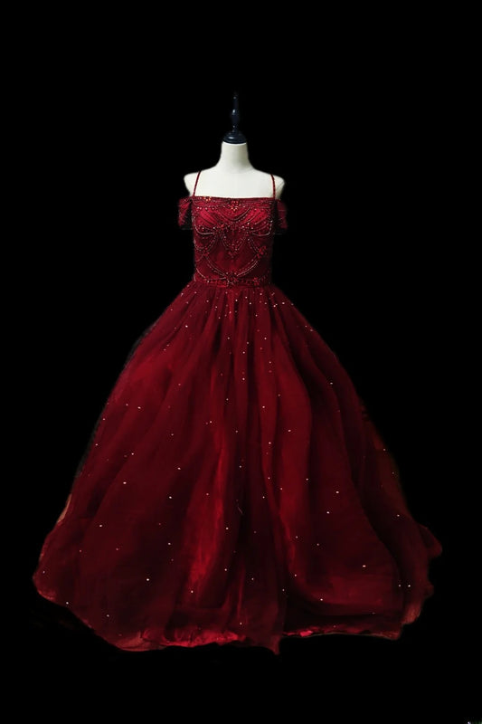 Classic Ball Gown Spaghetti Strap Burgundy Tulle Sleeveless With Beads Long Prom Dresses Senior Graduation Dance Evening Outfits AS091