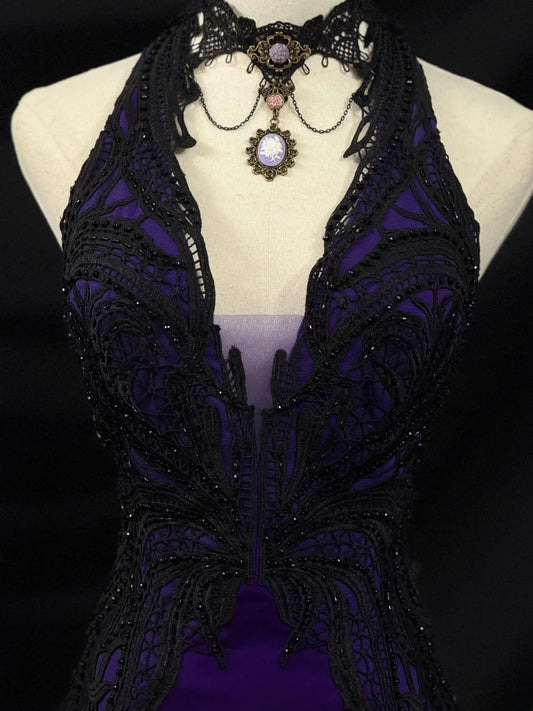 Vintage Prom Dresses Mermaid Halter Grape Black Lace Sleeveless With Beading Long Evening Formal Outfits RB3484