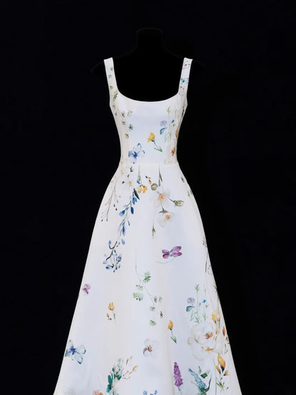Classy High Low Square Neck Formal Floral Satin White Style Impress Long Prom Dresses Party Gowns SA091