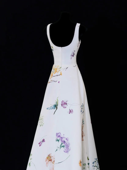 Classy High Low Square Neck Formal Floral Satin White Style Impress Long Prom Dresses Party Gowns SA091