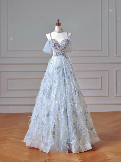 Elegantes Ballkleid, schulterfrei, hellblauer Tüll, langes formelles Abendkleid für Abschlussball, Dinnerparty oder andere festliche Anlässe AQ092