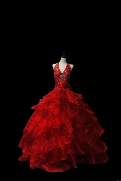 Einzigartiges, rotes, mehrlagiges Ballkleid mit Neckholder und Perlenbesatz, langes Kleid für Hochzeiten, Quinceañeras, Sweet 15, 16 und Geburtstage (AS092)