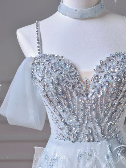 Elegantes Ballkleid, schulterfrei, hellblauer Tüll, langes formelles Abendkleid für Abschlussball, Dinnerparty oder andere festliche Anlässe AQ092