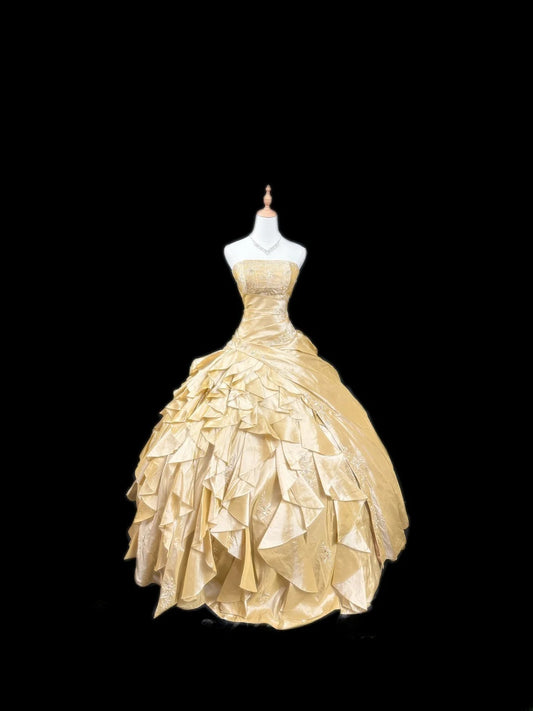 Princess Ball Gown Strapless Yellow Satin Sleeveless With Lace Long Quinceanera Dress vestido de 15 de cenicienta RB3485