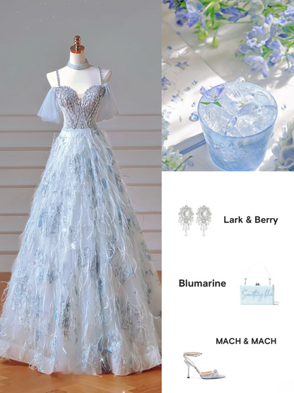 Elegantes Ballkleid, schulterfrei, hellblauer Tüll, langes formelles Abendkleid für Abschlussball, Dinnerparty oder andere festliche Anlässe AQ092