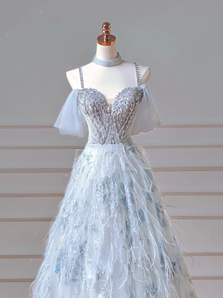 Elegantes Ballkleid, schulterfrei, hellblauer Tüll, langes formelles Abendkleid für Abschlussball, Dinnerparty oder andere festliche Anlässe AQ092
