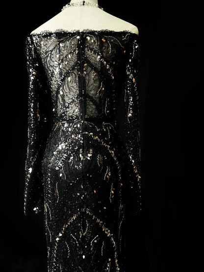 Vintage Prom Dresses Mermaid Off The Shoulder Sequin With Long Sleeves Prom Evening Dress Formal Outfits RB5899