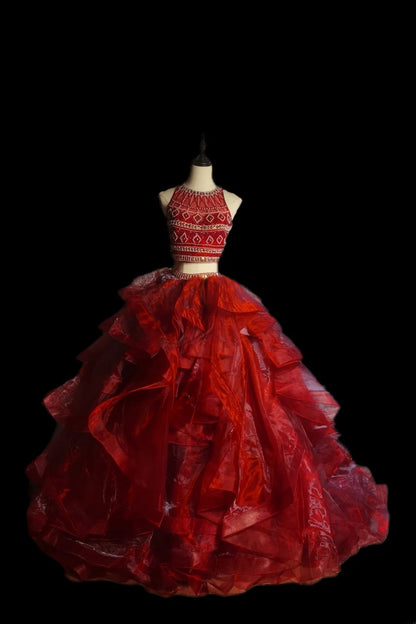 Robe de bal classique 2 pièces en tulle bordeaux sans manches ornée de perles, robe de bal longue, tenue de soirée pour la remise des diplômes AS092